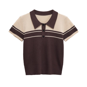 Haut tricoté décontracté respirant pour <span class=keywords><strong>femme</strong></span>, style rétro patchwork, manches courtes, collection été 2026, mélange vintage, style preppy - Product Image 1