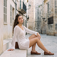 Robe de plage en maille ajourée pour femme, col en V, manches longues, longueur midi, couleur unie, sexy, pour les vacances, cache-maillot de bain blanc, tenue de villégiature bohème