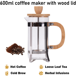 Cafetière à piston en verre de 600 ml avec poignée en bois et couvercle en acier inoxydable pour la maison et le café - Product Image 1