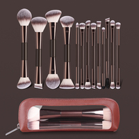 13 Buah Set Kuas Makeup Dua Sisi dengan Bulu Sintetis Lembut, Pegangan Logam, Tas Kosmetik untuk Wajah dan Mata