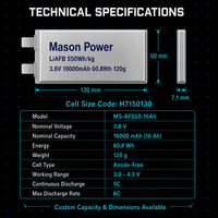 Batterie Mason Power 550Wh/kg sans anode 3.8V 16Ah 120g ultra-légère 5C/6C, échantillons disponibles pour drones FPV Freestyle et longue portée