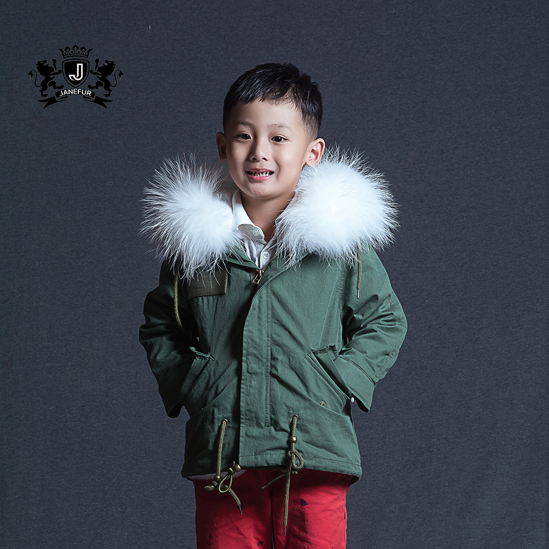 Latest Style Kids Fur Parka Denim Shell faux Fur Lined Fur Jacket Children Fashion Coat