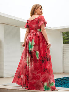 Robe en mousseline élégante et gracieuse à manches lanternes, col en V, imprimé numérique à l'aquarelle florale coupée au hasard, avec ceinture - Product Image 3