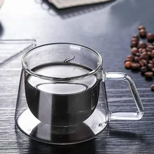 双壁绝缘硼硅酸盐玻璃杯透明玻璃咖啡杯，带手柄浓缩咖啡杯
