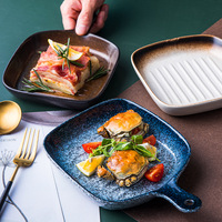 Plat de service carré en céramique avec poignée, 9 pouces, finition émaillée mouchetée, pour steak, idéal pour restaurant, cuisine et usage domestique