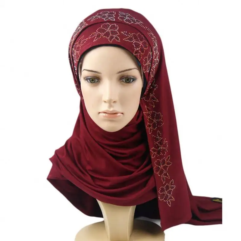 2020 hot selling estiramento jersey de algodão hijab Muçulmano com lantejoulas impresso flor de vestido Dos Muçulmanos