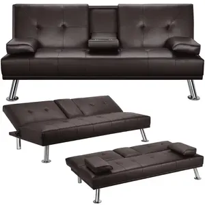 Canapé-lit Futon moderne en similicuir avec accoudoir amovible, pieds en métal, porte-gobelets, dossier réglable à 3 niveaux, marron clair