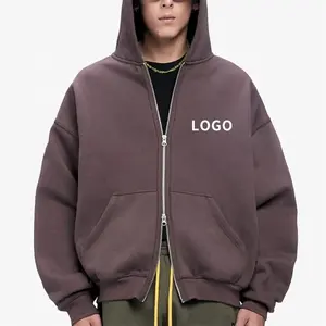 Wholesale box fit zip grayish purple hoodie unisex 450gsm 100% cotton hoodie custom chenille embroidery zipper hoodie