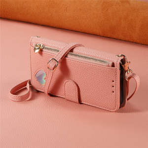 Funda de Teléfono con Diseño de Corazón Láser, Cierre Magnético de Cuero PU con Cremallera, Cordón Largo Colgante, Color Puro, Ranura para Tarjetas - Product Image 2