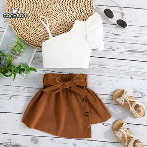 Conyson New Children's Clothing Summer Kids' Casual Suit Loose Clothes Girls Suspenders And Skirt With Belt Baby 3 Pieces Set
