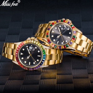 Blues Wholesale Hip Hop Diamond Stone Dial Watch Stainless Steel Japan Movements Quartz Watch Gold <b>rainbow</b> Male Stones Watches - Product Image 5
