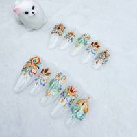 Uñas artificiales hechas a mano Uñas en forma de almendra con flores pintadas estilo corte Alta calidad y reutilizables