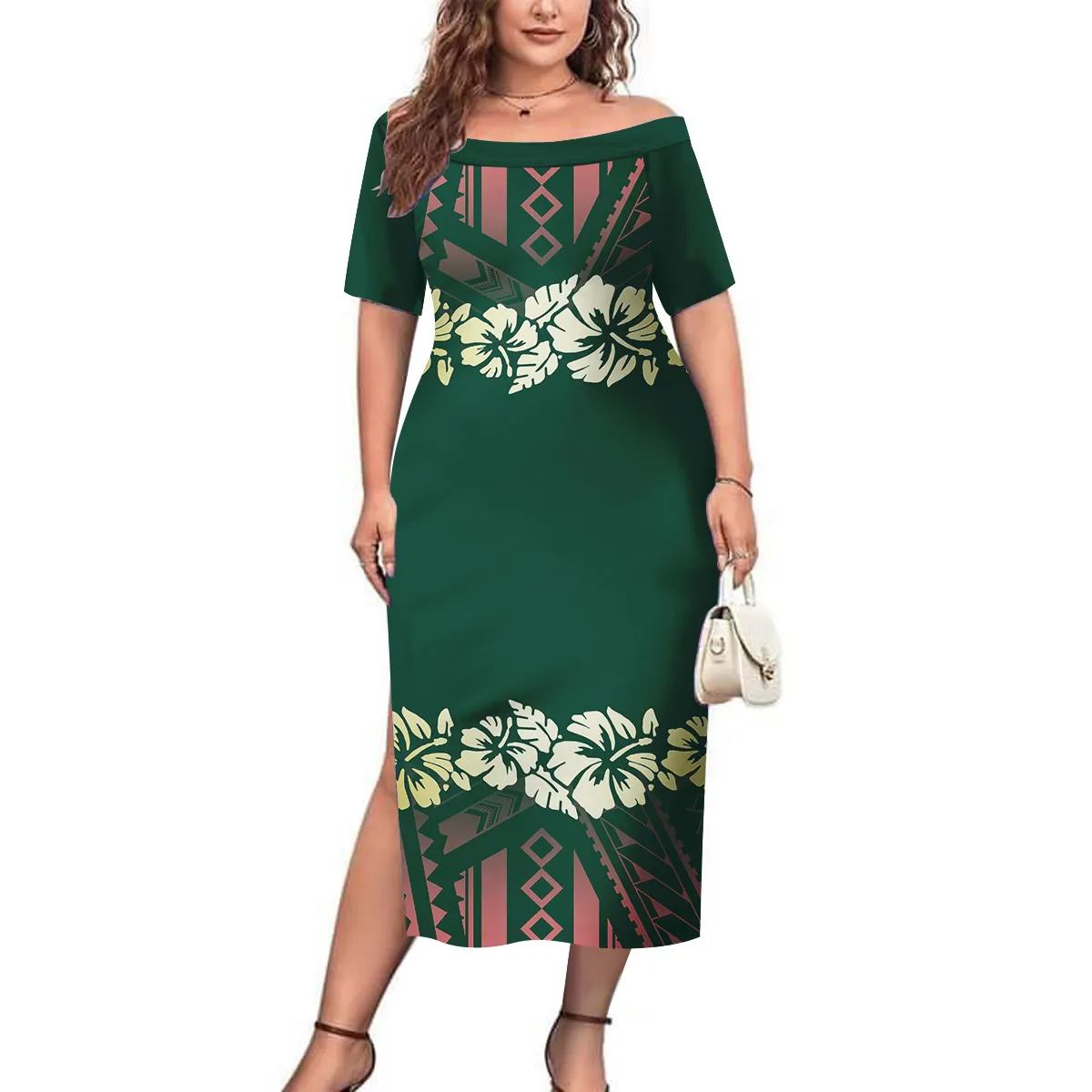 Großhandel Custom ized Big Size Polynesian Tribal Bedruckte Midi Kleider Frauen Elegant Off Shoulder Kurzarm Split Party kleid