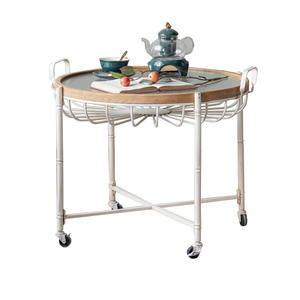 Mesa de Centro Estilo Retro Americano con Tapa de Vidrio Templado, Mesa Auxiliar Redonda Pequeña para Sala de Estar con Ruedas - Product Image 5