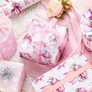 Floral Wrapping Paper Wedding Wrapping Paper Pink Valentine's Day wrapping paper <b>Bows</b> and flowers pattern wrapping paper - Product Image 2