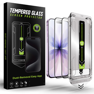 Protection d'écran en verre trempé pour iPhone 13 14 15 16 Pro Max avec filet anti-poussière, design sans trou, <span class=keywords><strong>film</strong></span> anti-traces de doigts - Product Image 1