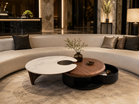 Table basse moderne de luxe en pierre frittée avec plateau en bois et base ronde en métal, fabricant de meubles sur mesure pour salon