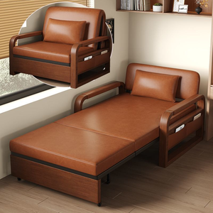 Lit pliant multifonctionnel 2-en-1 moderne en cuir huilé avec cadre en bois pour salon, deux places, conforme aux normes européennes - Product Image 2