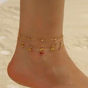 Linda tobillera de doble cadena con colgante de cereza, chapada en oro, de acero inoxidable, con dije de corazón esmaltado, cereza y cristal redondo, tobilleras delicadas - Product Image 1