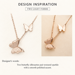 Collier double papillon en acier inoxydable plaqué or rose sous vide, pendentif texturé et lisse, chaîne réglable - Product Image 4