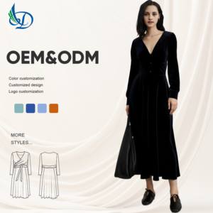 Chic negro terciopelo con cuello en V Maxi <span class=keywords><strong>vestido</strong></span> cintura Natural marinero cuello tejido patrón para verano Formal Galas día OEM servicio disponible - Product Image 1