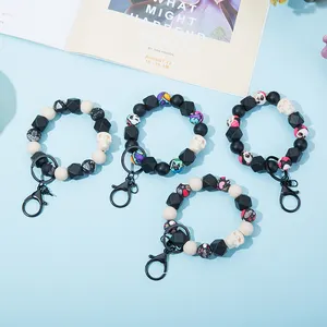 2022 New Colorful Halloween Skeleton Print Silicone Beaded Bracelet Keychain For Ghost Festival Skulls Elastic Bangle Key Chain