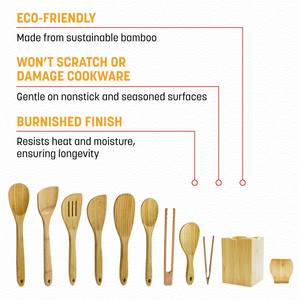 11-Piece Burnished Bamboo <b>Kitchen</b> Utensils Set Smooth Polished Edge Ergonomic Handle Cooking Spoon Spatula <b>Tongs</b> for Daily - Product Image 4