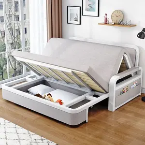 Furnitur Modern sofa lipat tempat tidur logam + bingkai kayu solid rumah apartemen penggunaan ganda tempat tidur sofa loker