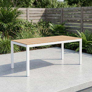 Table de repas d'extérieur moderne rectangulaire avec plateau en bois de manguier massif et base en métal, pour entrepôt, patio et jardin - Product Image 3