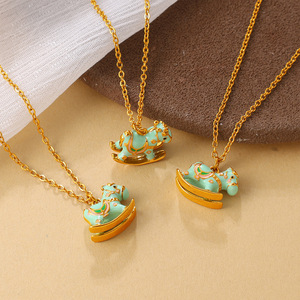 Stainless Steel Cartoon Enamel Carousel Pendant <b>Necklace</b>, Dopamine Color Cute Dainty Clavicle Chain For Women Daily <b>Match</b> - Product Image 1