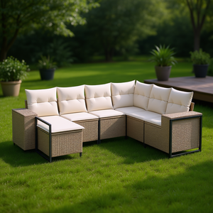 Ensemble de canapés de jardin modernes en rotin beige, meubles d'extérieur avec coussins en mousse haute densité, design contemporain - Product Image 2