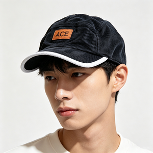 Gorra de Pana de 5 Paneles OEM de Fábrica, Estilo Campamento, Sin Estructura, Visera Curva, Logotipo de Parche de Cuero Personalizado, Ribete Blanco, Gorra de Pana Vintage - Product Image 1