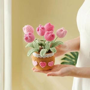 Aiwen Handmade Tulips Crochet Flower Bouquet Crocheted Potted Plant Knitted Flowers Forever Tulip Pot Crafted Home Office <b>Decor</b> - Product Image 2