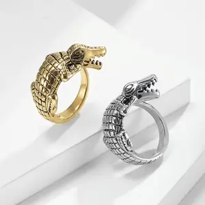 Design Jewelry Punk Animal Shape Enamel Rings for Men 18K Gold Plated Stainless Steel Solid Alligator Finger Rings