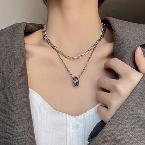 유행 더블 레이어 실버 체인 목걸이 보석 남성과 여성 반지 펜던트 목걸이 - Product Image 1