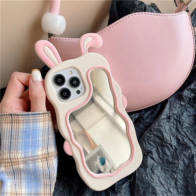 Cute Cartoon Bunny Phone Case with Mirror Rabbit Cover for iPhone 16 15 14 Plus 13 12 11 Pro Max XS XR X Women Girls Cases