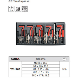 Juego de Reparación de Roscas YATO, Métrico M5 a M12, Rosca Gruesa, Rosca Derecha, Kit de Inserción YT-1763 - Product Image 1