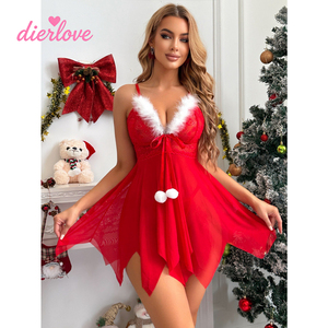 Set Baju Tidur Seksi Natal Wanita Merah Putih dengan Hiasan Bulu Gaun Cami Pakaian Tidur Liburan Kostum Lingerie Grosir - Product Image 1