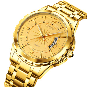 Montre à quartz dorée pour homme SKMEI, montre-bracelet de luxe en acier inoxydable, chiffres romains, affichage de la date, montre étanche - Product Image 1
