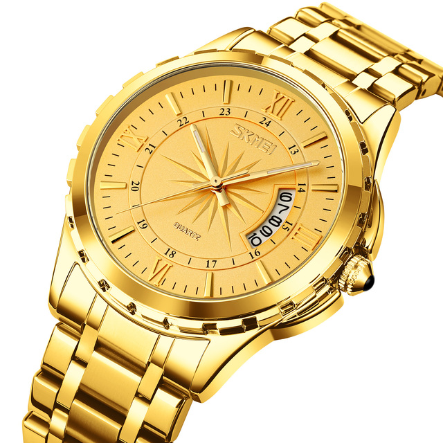 SKMEI men's gold quartz watch Luxury business stainless steel wristwatch Roman numeral dia Date display Waterproof watch