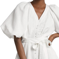 Mini robe trapèze blanche à manches bouffantes et col en v pour femmes, design vintage, ceinture personnalisée, boutons, sexy