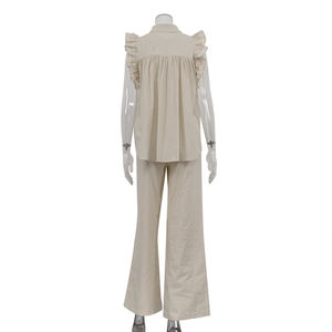 قميص بأكمام بغطاء كشكش بأزرار سادة وبنطلون قطني عريض الساق عالي الخصر طقم من قطعتين Patalon Et Haut Pour Mujer Dame - Product Image 6