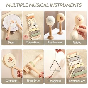 Ensemble d'instruments de musique en <span class=keywords><strong>bois</strong></span> pour bébé, jouet éducatif précoce apaisant avec piano à 8 octaves, tambour, <span class=keywords><strong>tambourin</strong></span> et hochet, jouets musicaux - Product Image 6