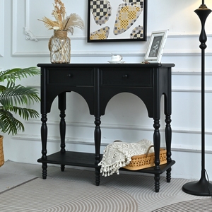 Easy Assembly 39.37" Accent Black Solid Wooden Classic Arched Design Turned Legs <b>Storage</b> <b>Console</b> <b>Table</b> For Living Room - Product Image 2