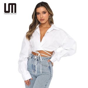 Liu Ming New Trending Casual da donna con lacci e cordoncino svasato a maniche lunghe blusa Crop Top - Product Image 1