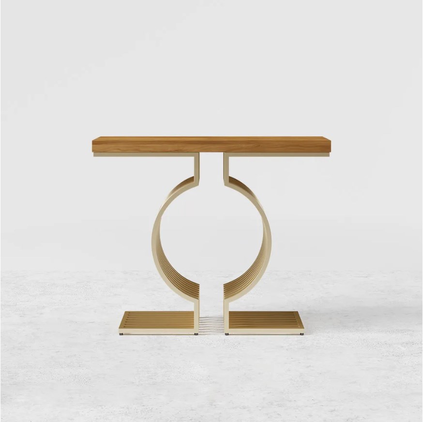 Modern narrow geometric metal base walnut entryway table console table