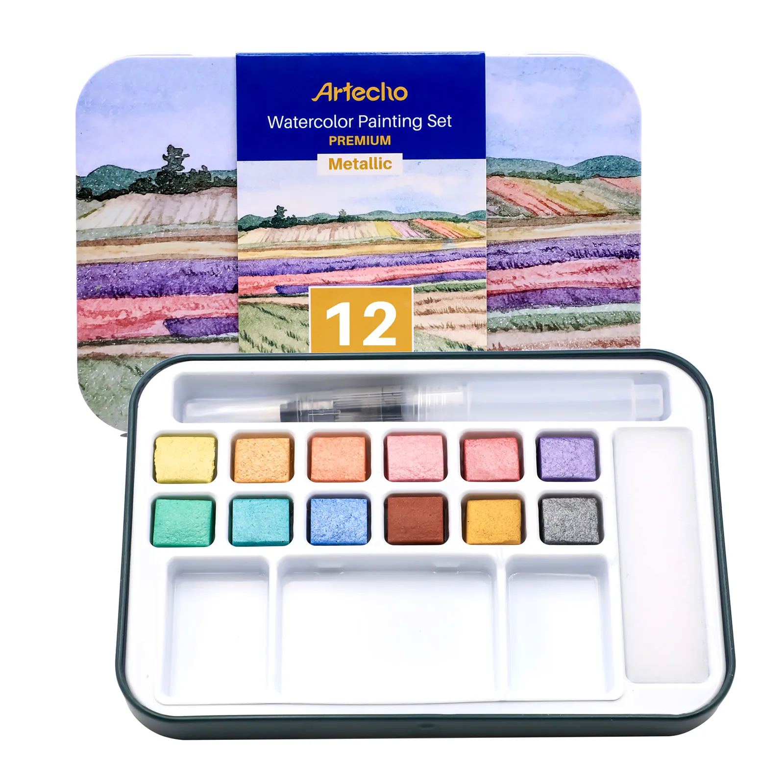 Artsu — ensemble de peinture aquarelle avec 12 couleurs métalliques, comprend un stylo brosse à eau, une éponge et un nuancier de couleur vierge