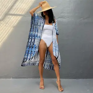 2023 Rayon Tie-dye Printed Beach Cover-up Sexy Cardigan Sunblock Bikini Cover-up Kimono For Women 100% Viscose Swim Wear