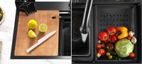 Évier de cuisine professionnel en acier inoxydable noir avec planche à découper en bois, support enroulable, égouttoir, lave-tasses, double robinet OEM ODM B2B