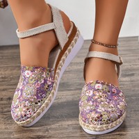 Sandales compensées tissées ajourées à talon ouvert, style pêcheur, très tendance